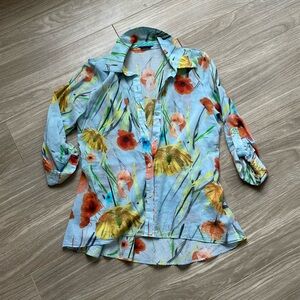 Alice + Olivia Women’s Floral Blue Blouse Button Down 100% Cotton Sz XS EUC